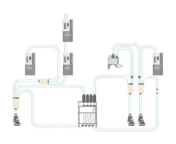 Diagram of a complete pneumatic tube system network connecting receiving stations, diverters, couplers and automated lab unloading