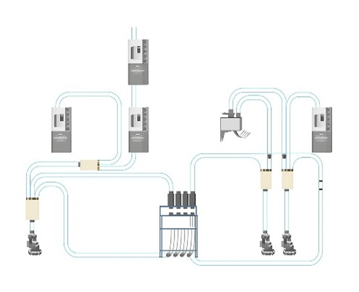 Diagram of a complete pneumatic tube system network connecting receiving stations, diverters, couplers and automated lab unloading